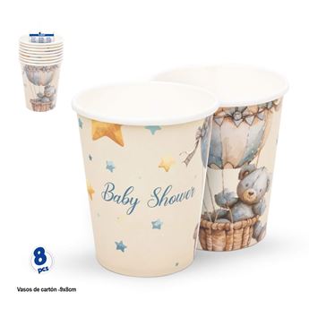 Vasos de cartón “Baby Shower” con Osito y Globo Aerostático – Pack de 8 unidades