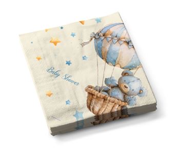 Servilletas “Baby Shower” con Osito Volando en Globo y Estrellas – Pack de 12 unidades