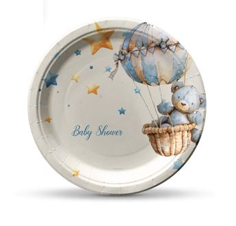 Platos de Cartón “Baby Shower” con Estrellas y Oso Volando en Globo – Pack de 8 unidades (18 cm)