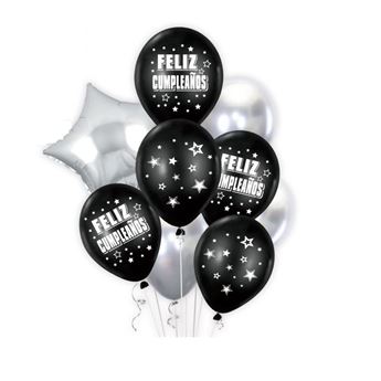 Bouquet de Globos Feliz Cumpleaños Negros y Plateados (9 unidades)