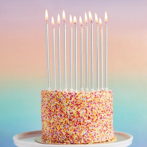 VELAS DELGADAS DE CERA PLATEADAS ALTAS Y DELGADAS, PACK DE 12