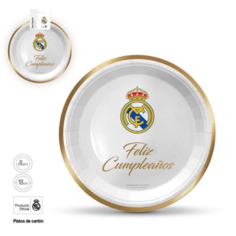 Platos Real Madrid – Feliz Cumpleaños dorado (8 uds, 18 cm)