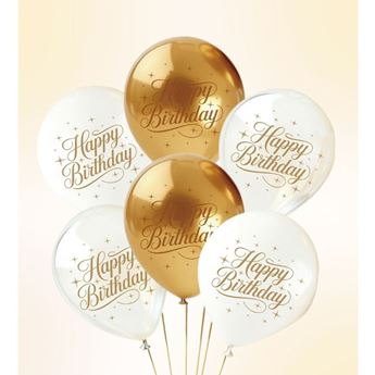 Globos Látex Happy Birthday Dorado y Blanco (6 uds)