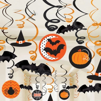30 DECORACIONES EN REMOLINO MURCIÉLAGOS DE HALLOWEEN PAPEL ALUMINIO / 61 CM