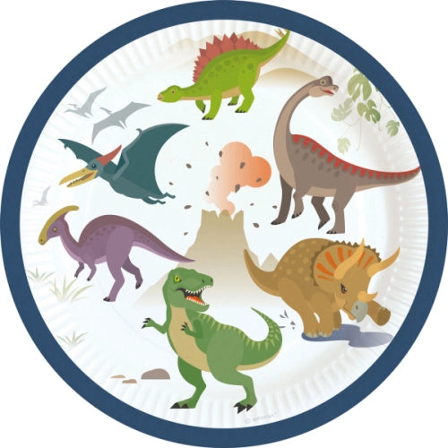 8 PLATOS PAPEL REDONDO DE DINOSAURIO FELIZ 18 CM
