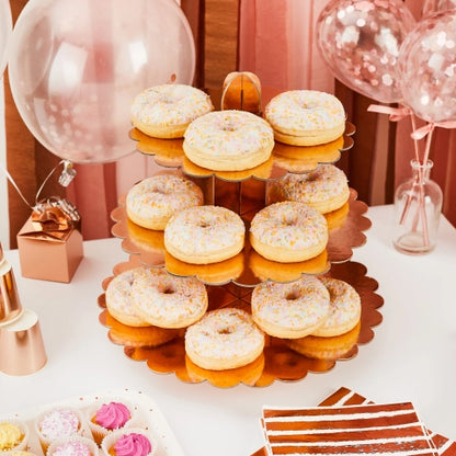 SOPORTE PARA PASTELES DE BORDE DE VIEIRA DE ORO ROSA DE 3 NIVELES